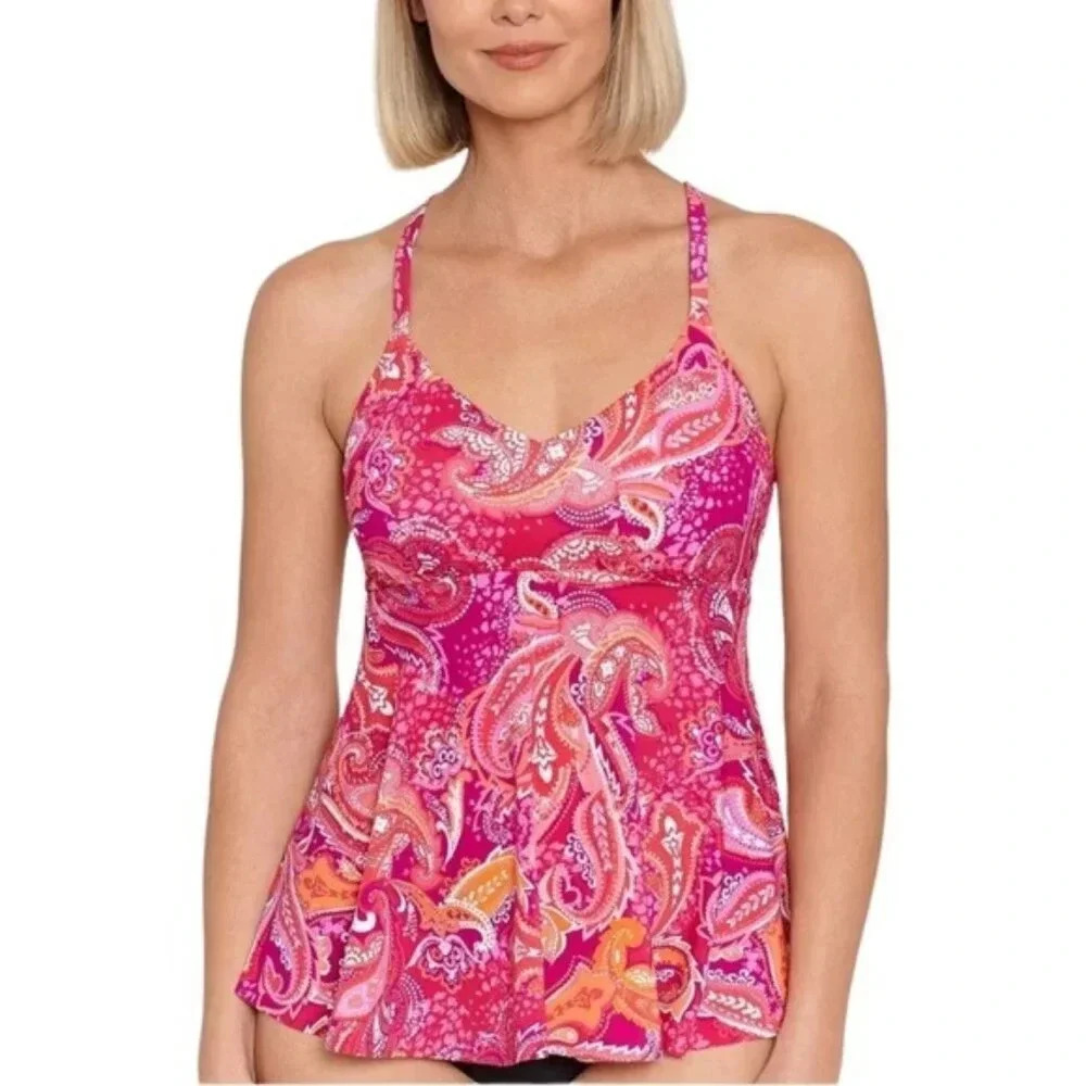 Swim Solutions Underwire V Neck Paisley Tankini Swim Top Pink Size 8 NWT